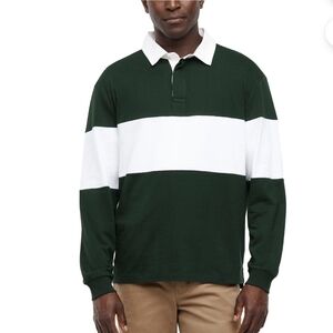 GAP Men's Dark Green and White Striped Rugby Shirt